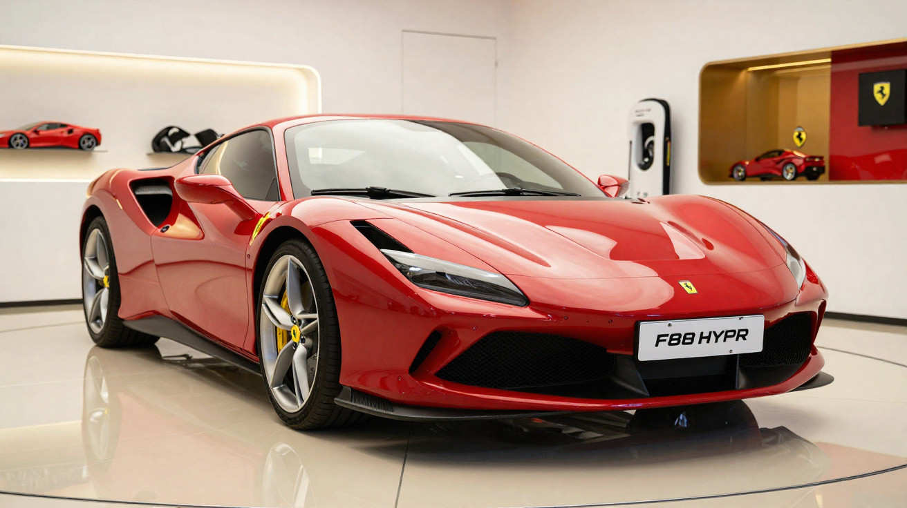 Carro esportivo Ferrari vermelho F8 HYPR em exposição interna com chão claro e decoração temática Ferrari.