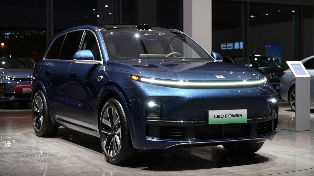 Carro SUV elétrico azul marinho exibido em showroom com luzes dianteiras LED acesas.