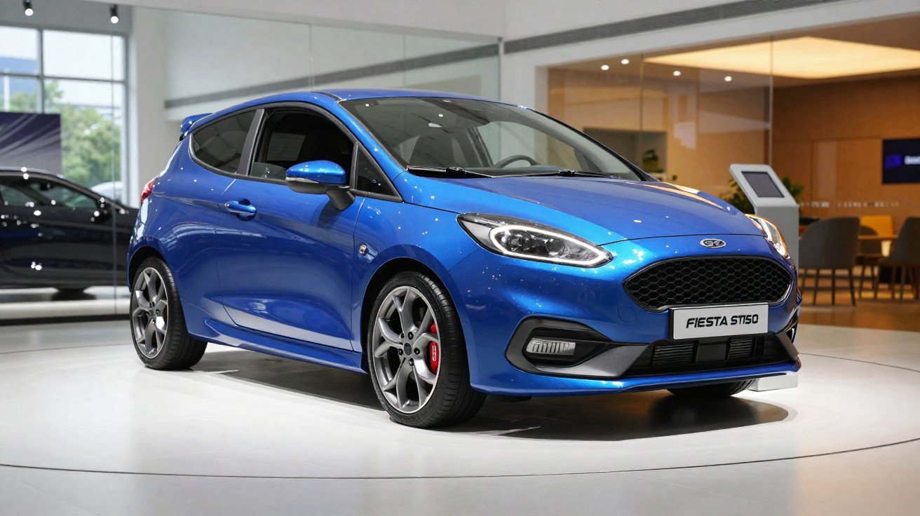 Carro azul Ford Fiesta ST150 estacionado em salão de exposições com piso branco.