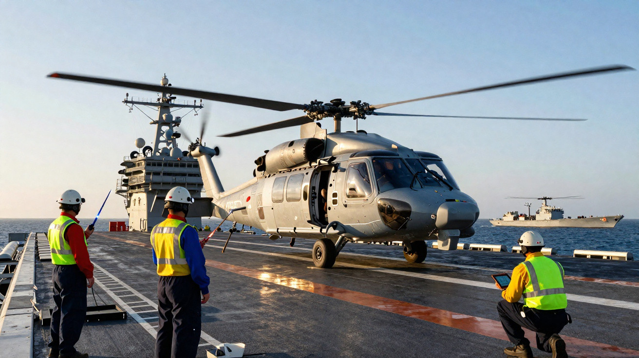 Helicóptero militar pousando em porta-aviões com equipe de segurança em coletes refletivos no convés.