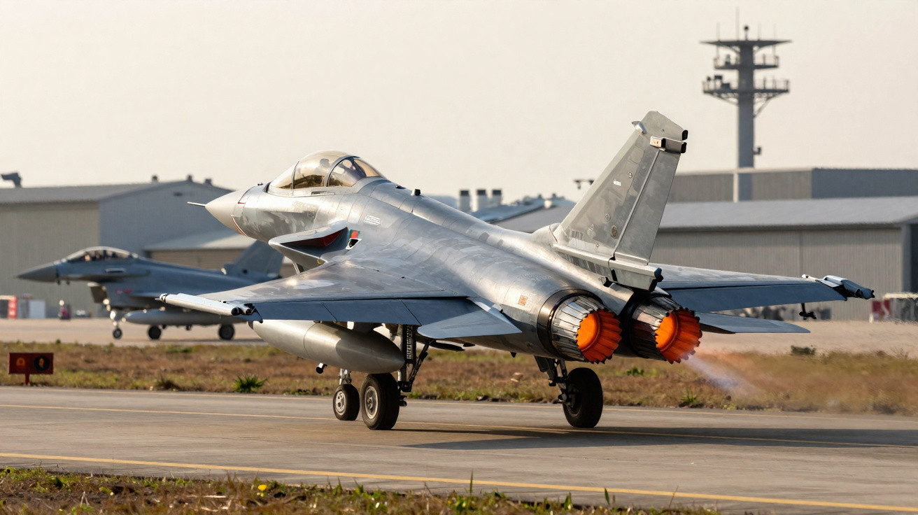 Caça supersônico decolando com motores acionados em pista de base aérea ensolarada.