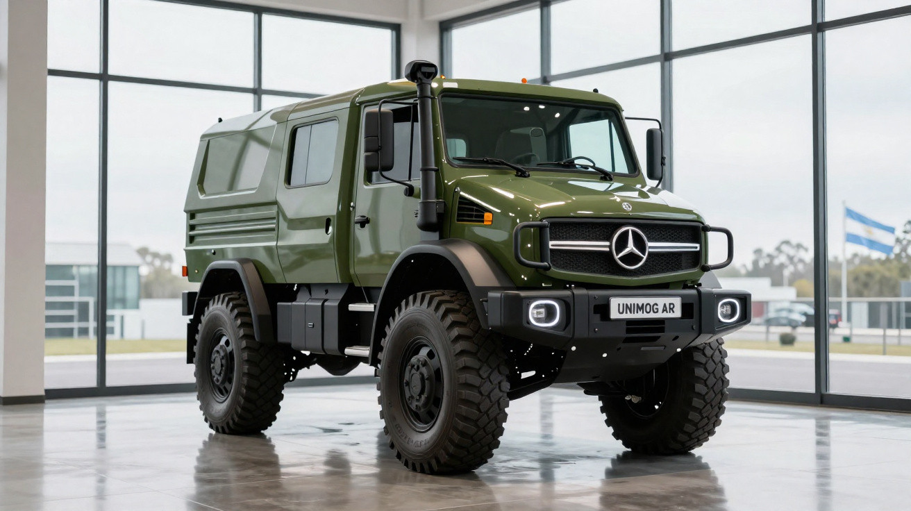 Caminhão utilitário Mercedes-Benz Unimog AR verde militar em showroom com grandes janelas.