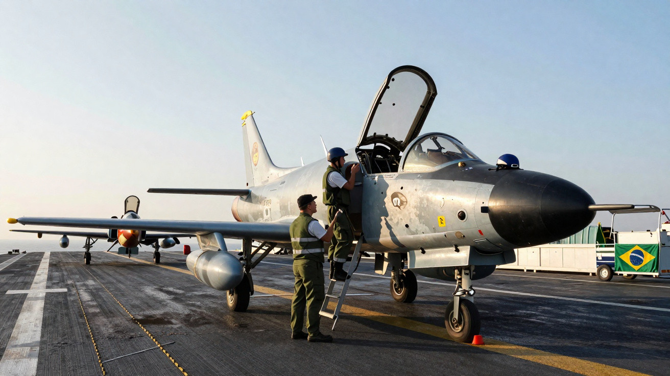 Caça militar estacionado em porta-aviões com dois militares em uniforme próximo da cabine aberta.
