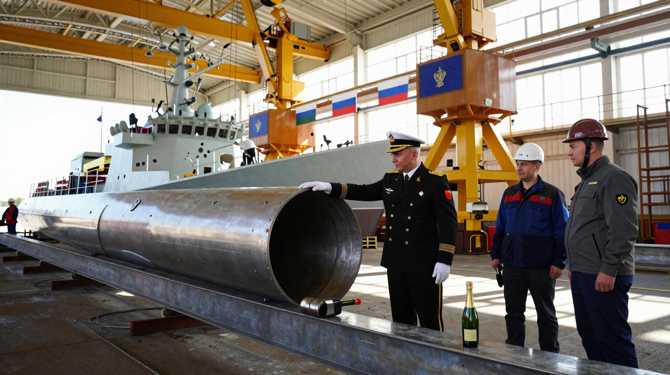 Oficiais e trabalhadores inspecionam estrutura metálica cilíndrica em estaleiro naval com guindastes e navio ao fundo.