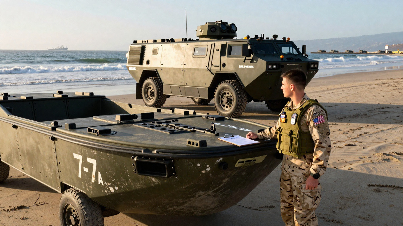 Soldado em farda camuflada inspeciona barco e veículo blindado militar em praia ao pôr do sol.