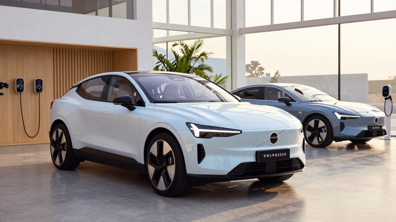 Dois carros elétricos Volvo em branco e azul estacionados em showroom moderno com carregadores na parede.