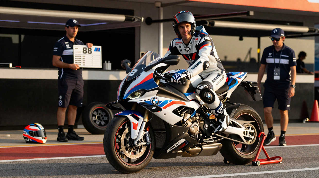 Piloto sentado em motocicleta BMW esportiva no pit stop de uma pista de corrida.