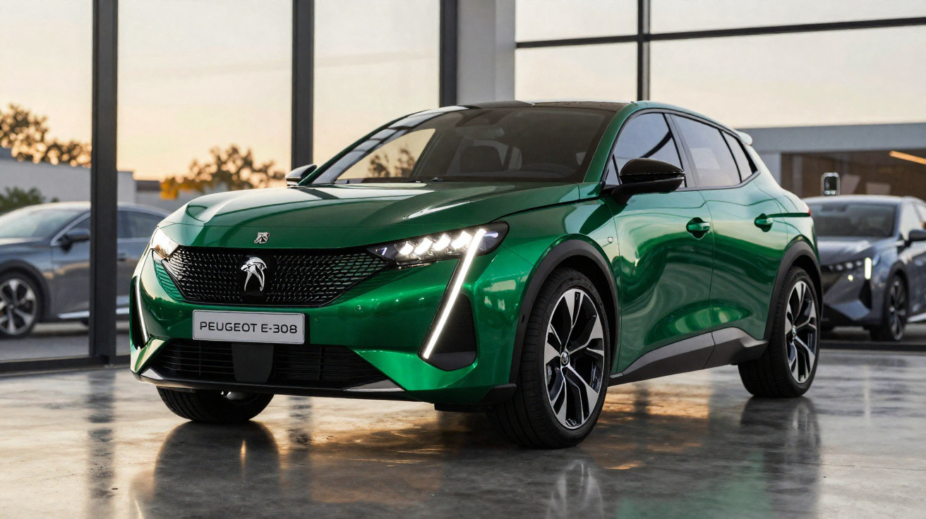 Carro elétrico Peugeot e-308 verde estacionado em ambiente interno moderno com iluminação natural.