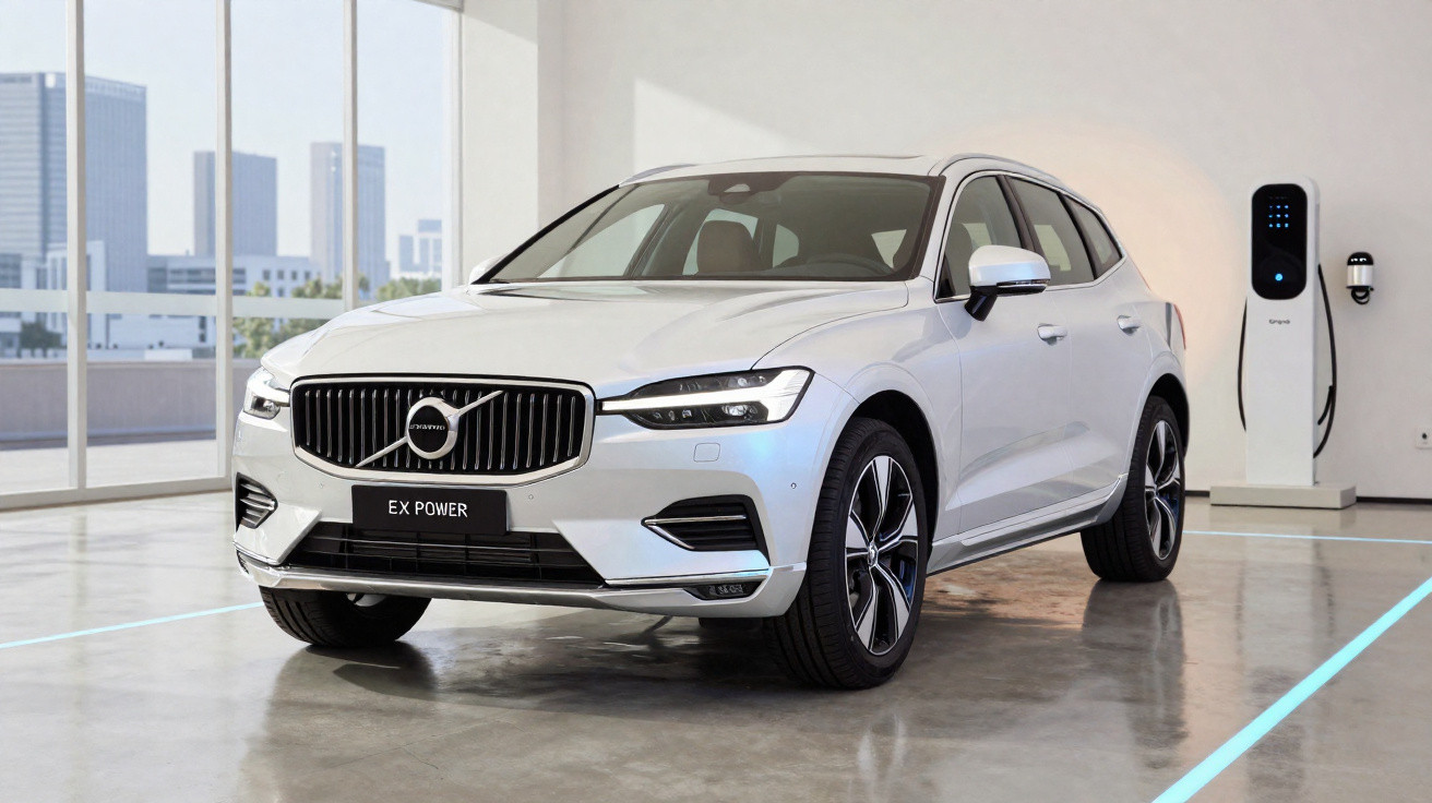 Carro elétrico Volvo branco modelo EX POWER estacionado em showroom com carregador ao fundo.
