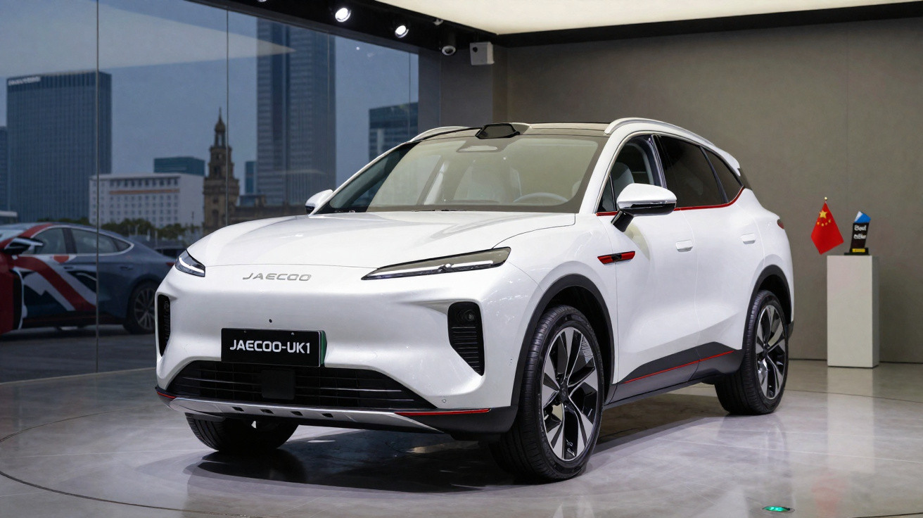 SUV elétrico branco Jaecoo UK1 exibido em salão com fundo urbano e bandeira da China ao lado.