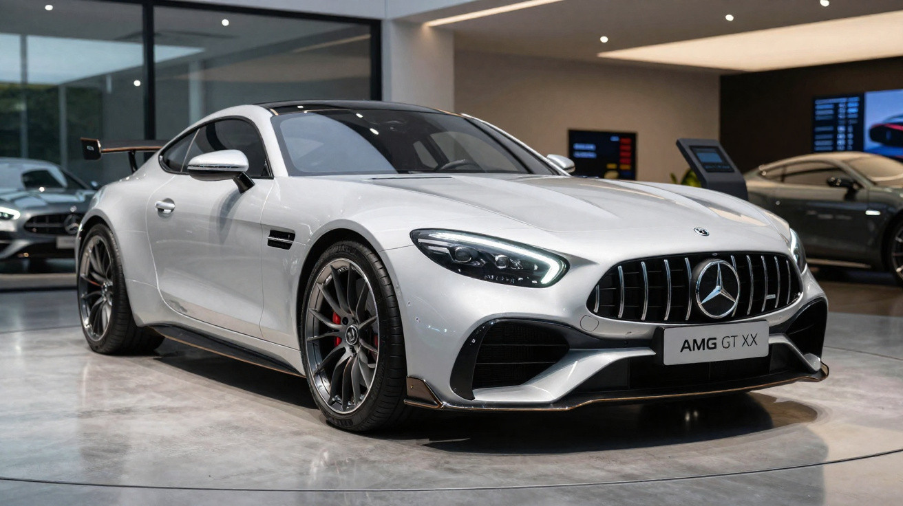 Carro esportivo Mercedes AMG GT XX prata exibido em showroom moderno com iluminação direta.