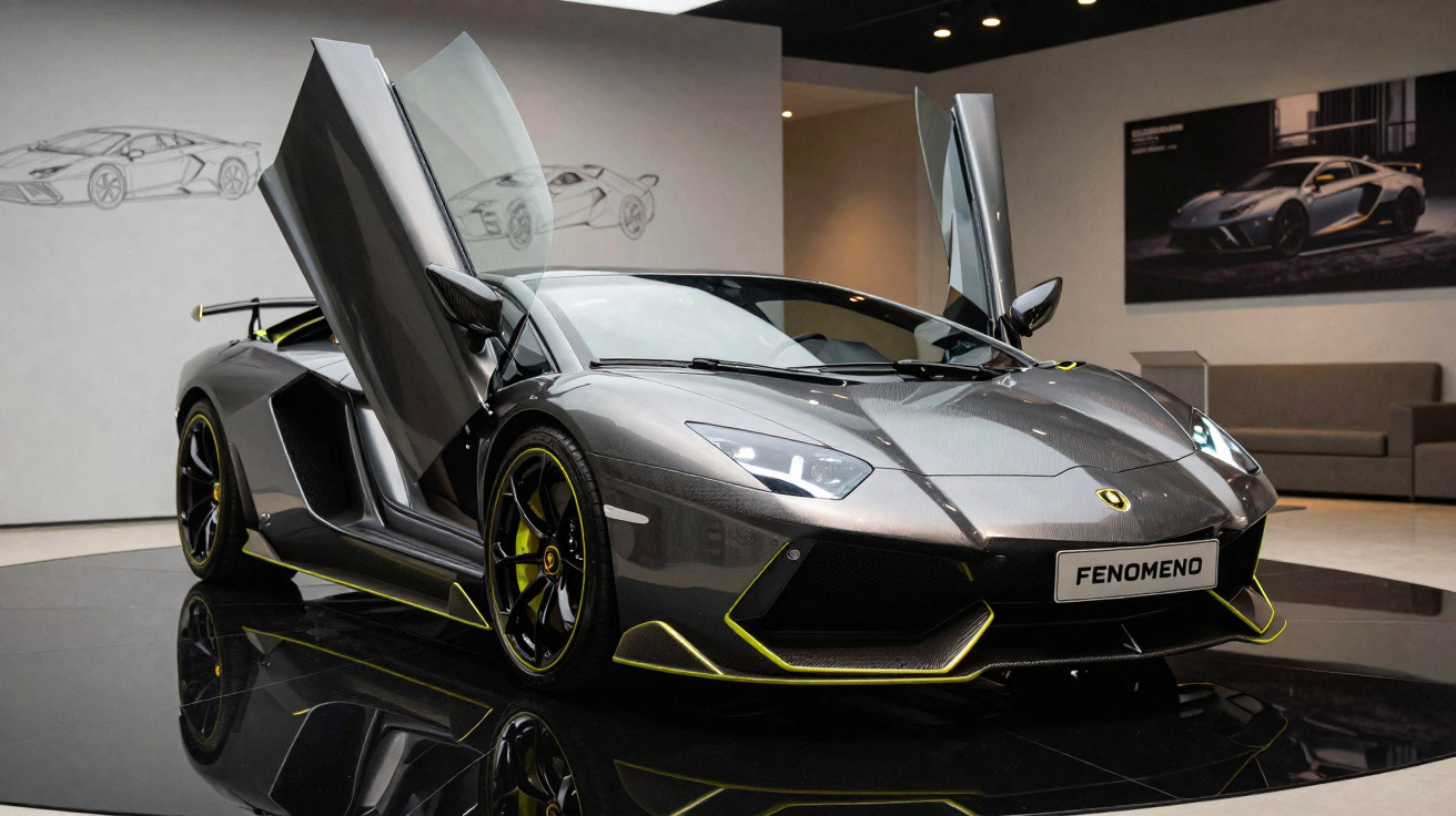 Carro esportivo cinza com portas abertas em exibição em showroom moderno elegante.