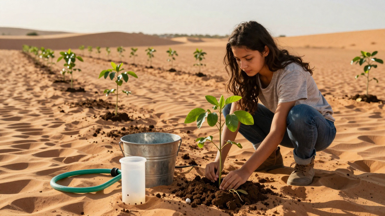 Menina plantando árvore em área desértica com regador, balde e mudas alinhadas ao fundo.