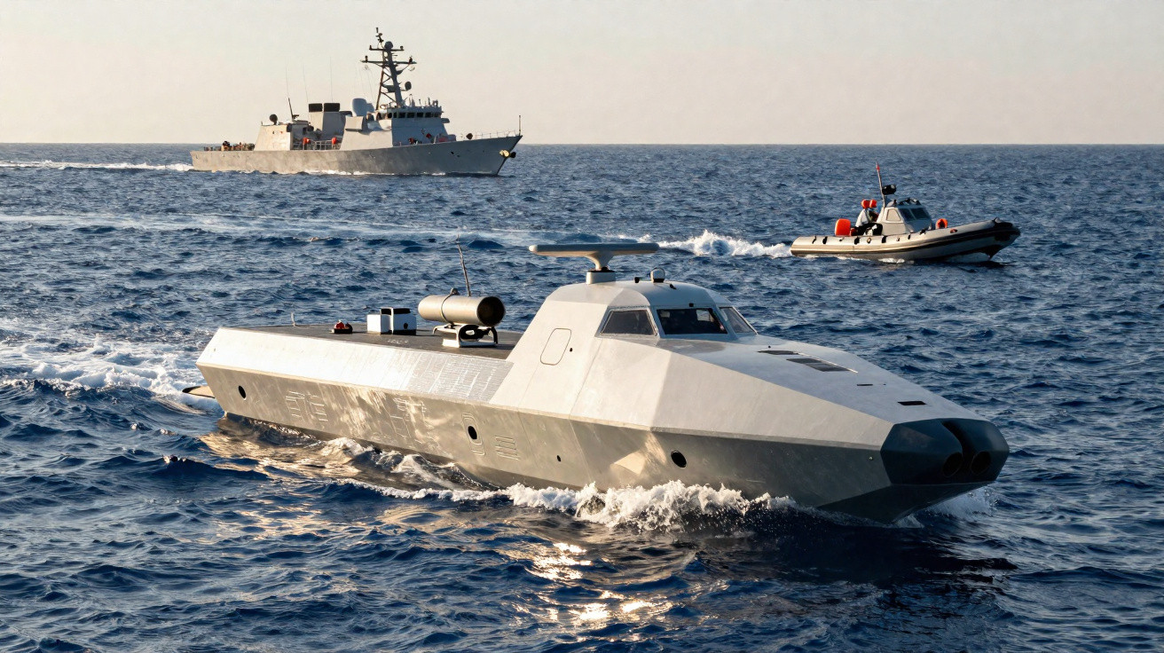 Embarcação naval não tripulada e pequenos barcos militares navegando em mar aberto sob céu claro.