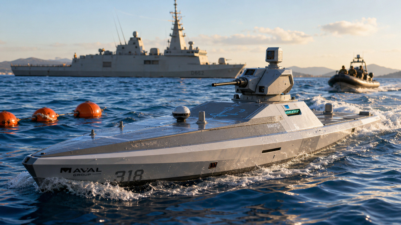Barco naval não tripulado em mar calmo com navio e bote ao fundo durante o dia.