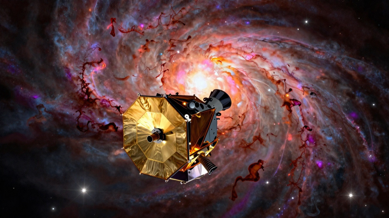 Sonda espacial dourada em primeiro plano com galáxia espiral colorida ao fundo no espaço sideral.