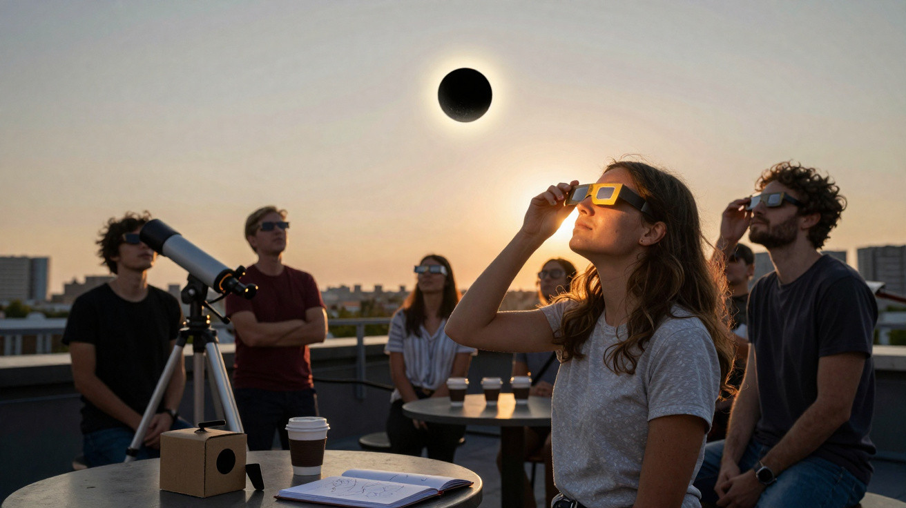 Grupo de pessoas observando eclipse solar com óculos especiais e telescópio ao pôr do sol.