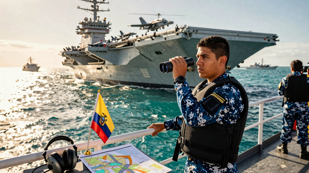 Marinheiro com binóculo observa porta-aviões no mar, bandeira do Equador e mapa na embarcação ao lado.