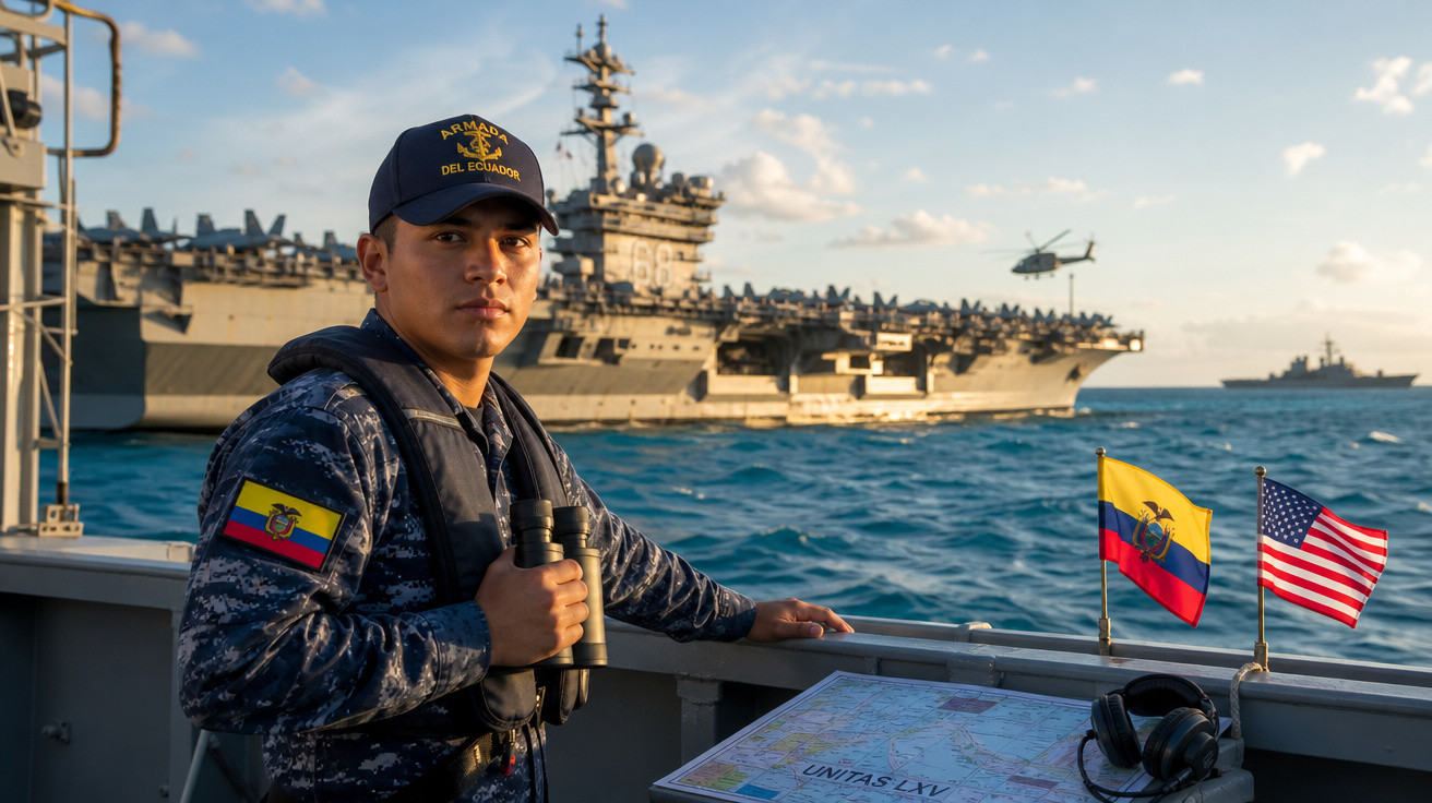 Marinheiro do Equador em barco com navio de guerra e helicóptero ao fundo no mar.