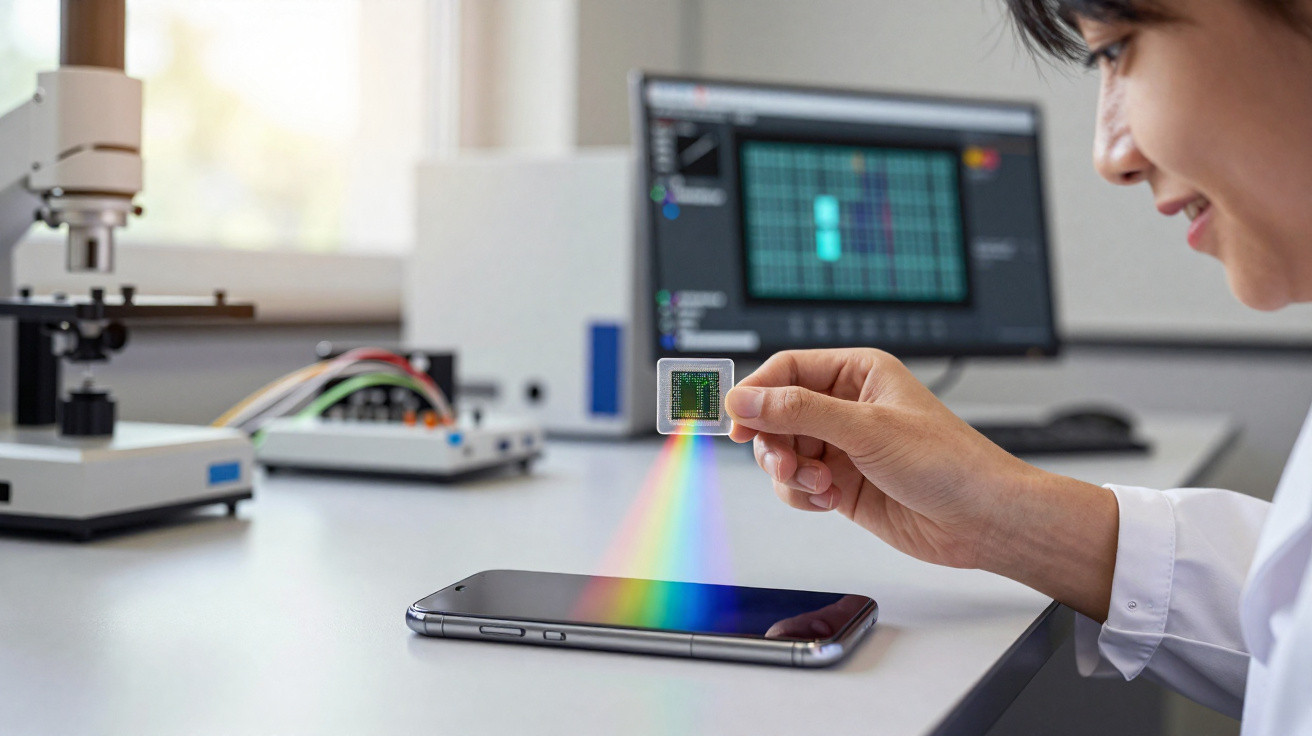 Pessoa segura chip eletrônico emitindo luz colorida sobre celular em mesa de laboratório tecnológico.