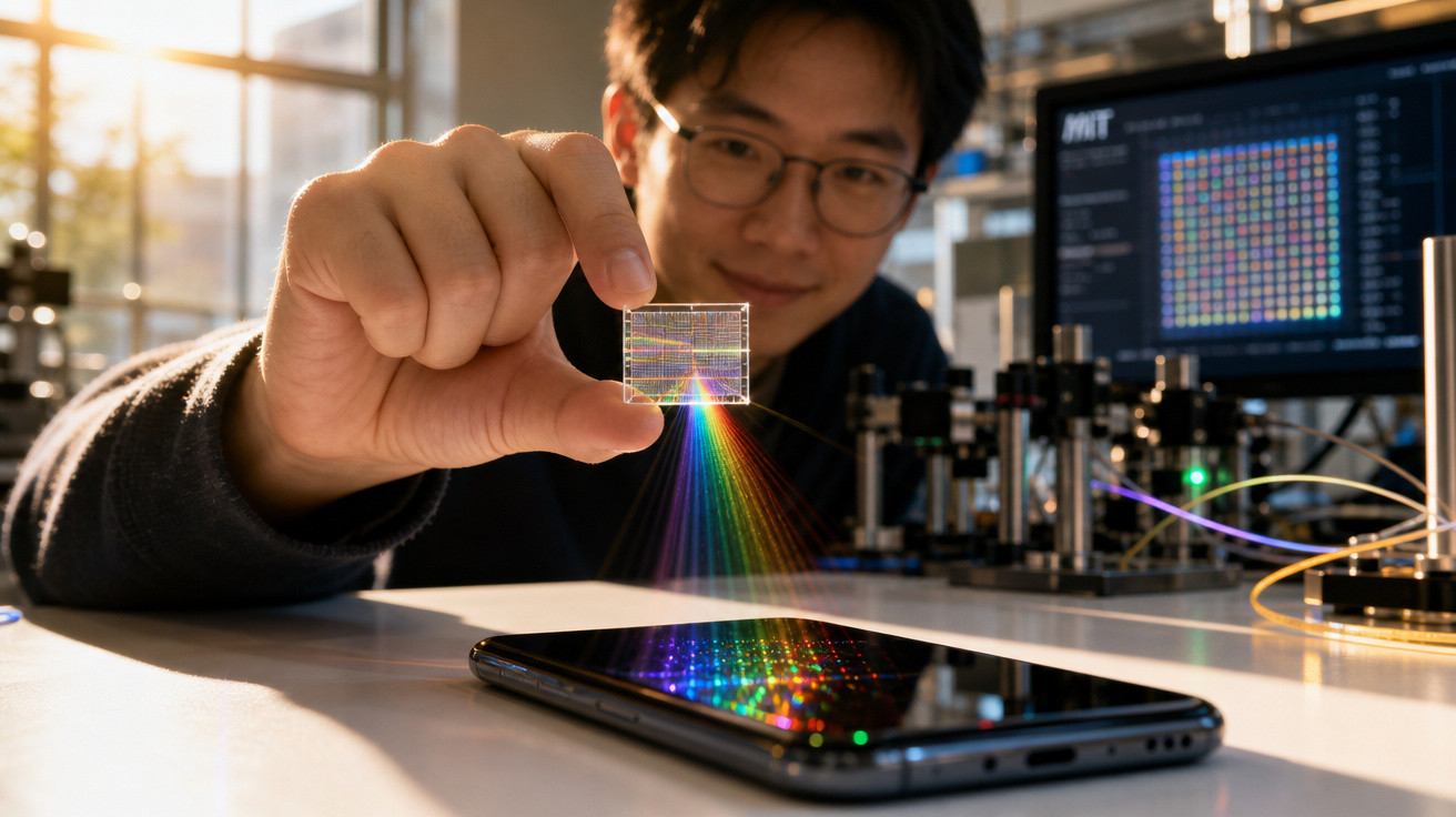 Pessoa segurando pequeno chip que projeta luzes coloridas sobre celular em mesa de laboratório tecnológico.