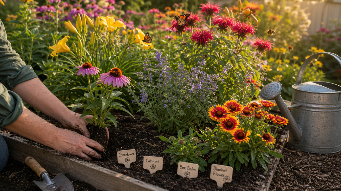 Pessoa plantando flores coloridas em canteiro com regador e placa identificando as plantas ao redor.