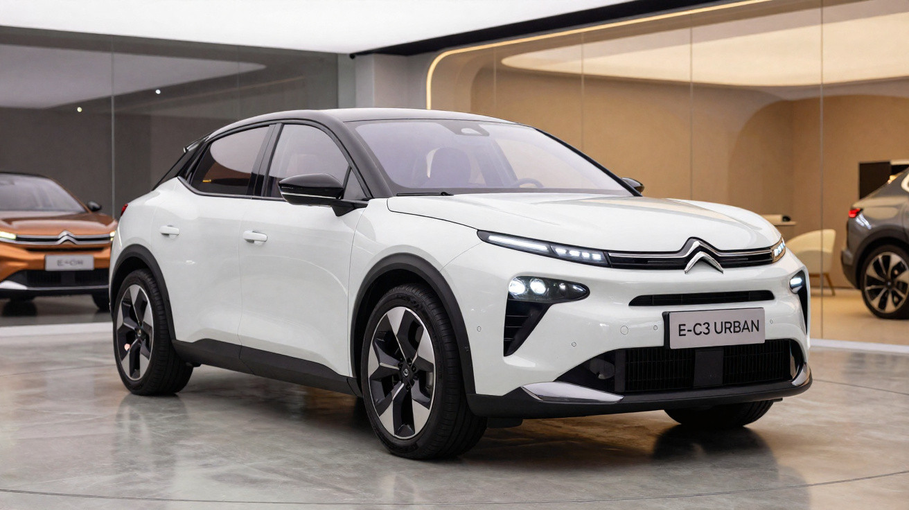 Carro elétrico Citroën E-C3 Urban branco em exposição na sala de showroom moderno.