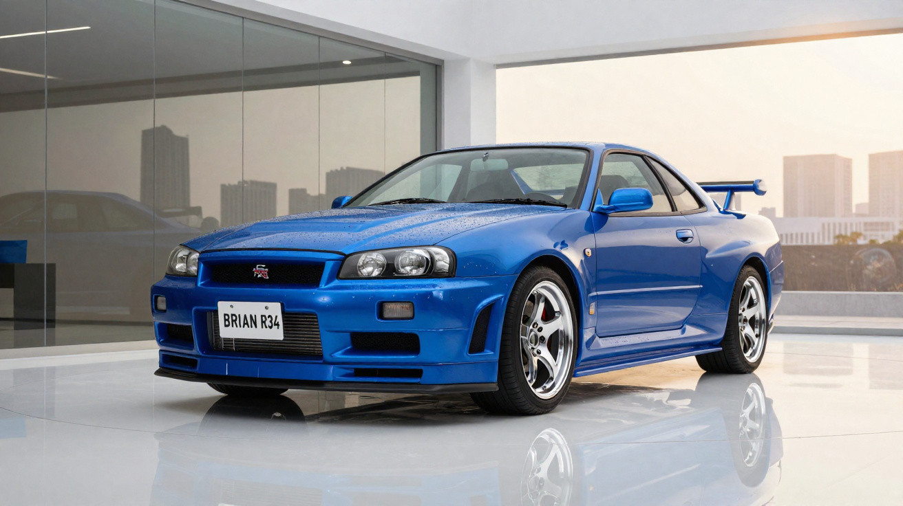 Carro esportivo azul, Nissan Skyline R34, exibido em ambiente interno com vidro e edifícios ao fundo.
