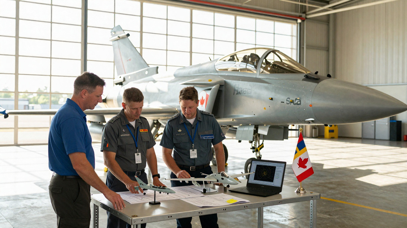 Três homens em uniforme analisam modelos de aviões e documentos em mesa dentro de hangar com caça ao fundo.