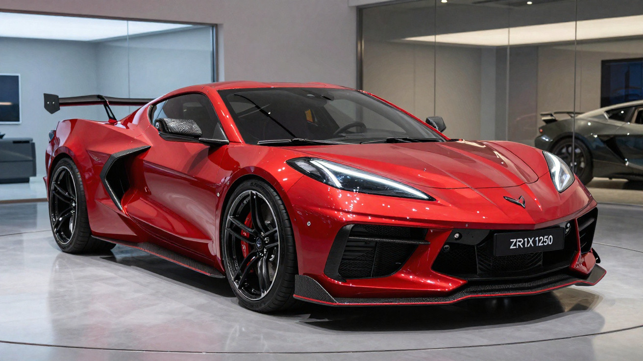 Carro esportivo vermelho brilhante com design aerodinâmico exibido em ambiente interno moderno.