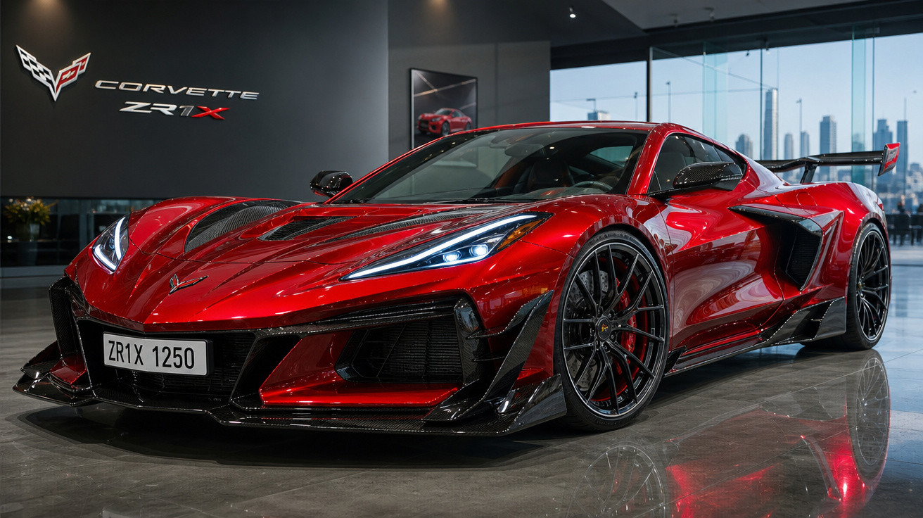 Carro esportivo Corvette ZR1X vermelho com detalhes em preto, exibido em showroom moderno e iluminado.
