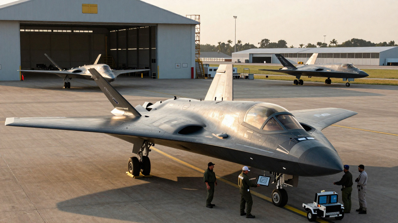Caça stealth militar estacionado com quatro pessoas em hangar de aeroporto ao entardecer.