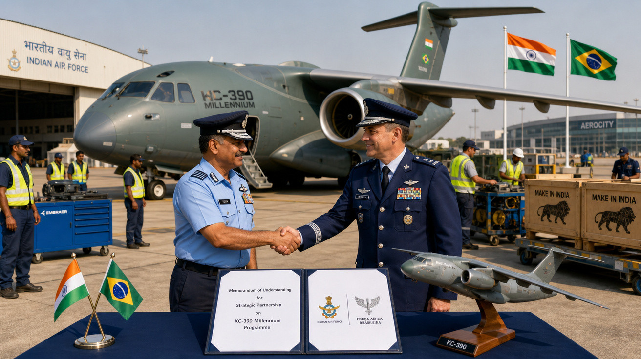 Dois oficiais da força aérea da Índia e Brasil apertam as mãos com avião KC-390 ao fundo e bandeiras dos dois países.