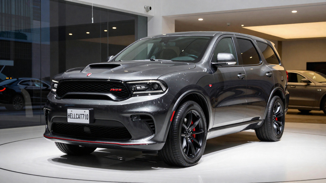 SUV esportivo cinza escuro Dodge Durango SRT Hellcat em exibição em showroom.