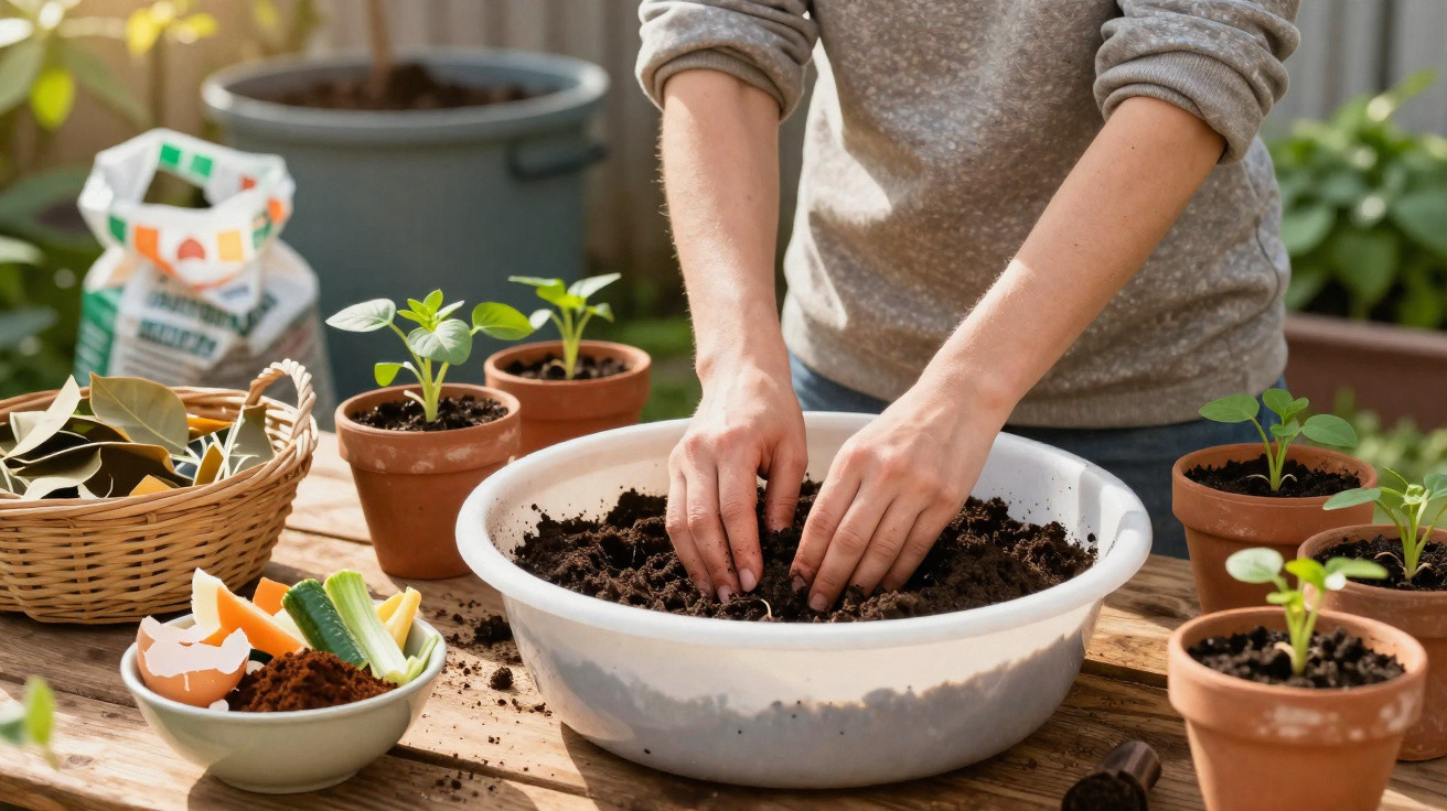 Pessoa plantando mudas em vaso com terra em mesa de madeira, cercada por outros vasos e materiais de jardinagem.