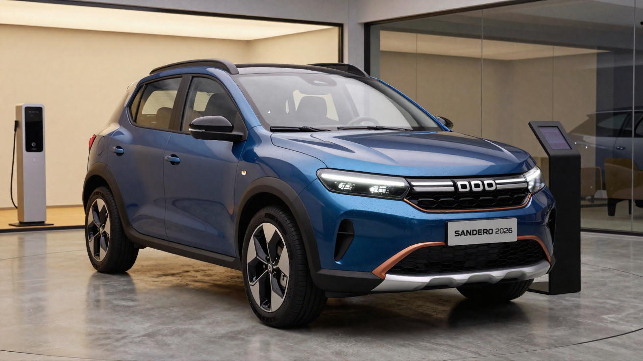 Carro elétrico azul Dacia Sandero 2025 estacionado em showroom moderno com carregador elétrico.