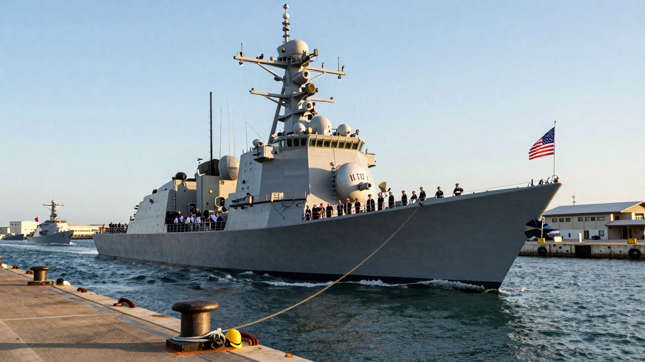 Navio de guerra militar cinza ancorado no porto com tripulação na cobertura e bandeira dos EUA.