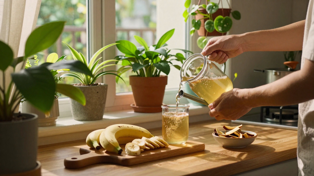 Pessoa servindo chá gelado em copo na cozinha, com bananas fatiadas e plantas ao fundo.