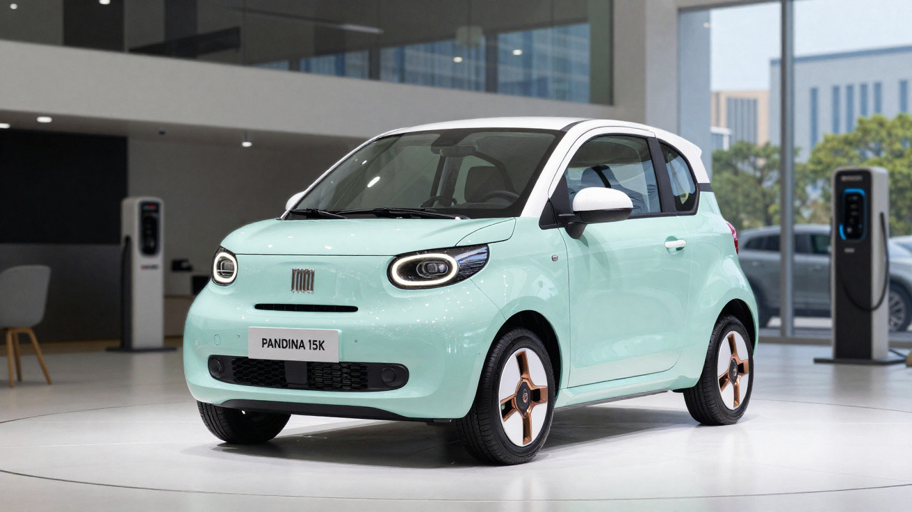 Carro elétrico compacto verde claro modelo Pandina 15K exposto em showroom moderno.