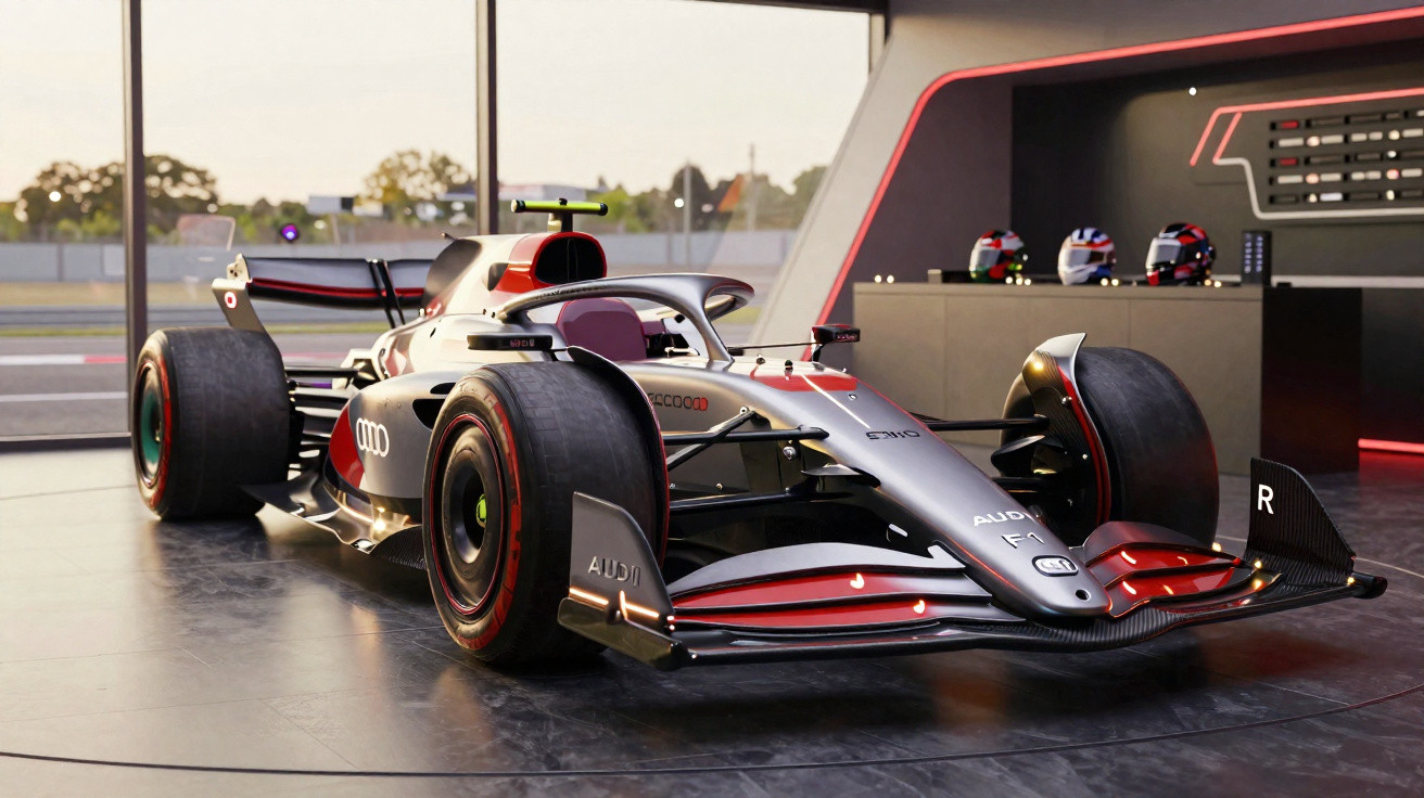 Carro de Fórmula 1 da Audi em exposição em ambiente interno com capacetes ao fundo.