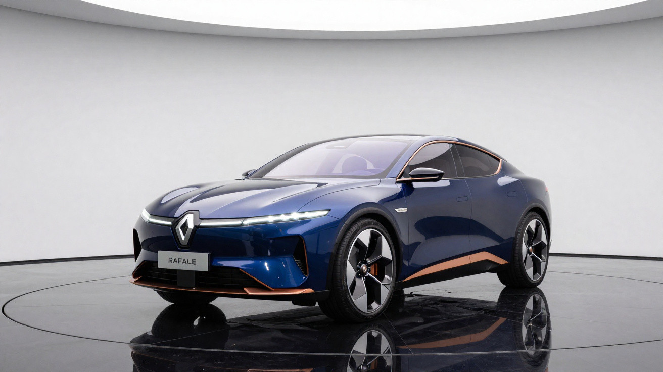 Carro esportivo elétrico Renault Rafale azul com detalhes em cobre, exibido em ambiente branco minimalista.