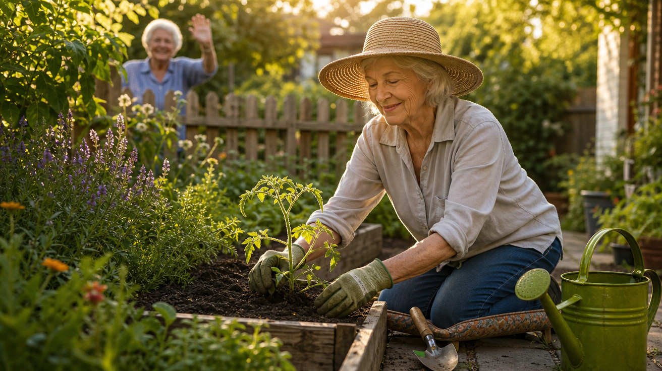 Mulher idosa plantando muda em jardim, outra acena ao fundo próximo à cerca de madeira.