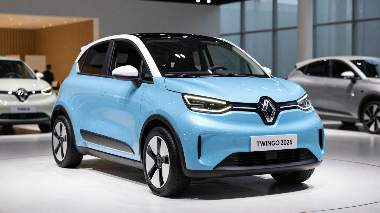Carro Renault Twingo 2026 azul claro exibido em salão de automóveis moderno e iluminado.