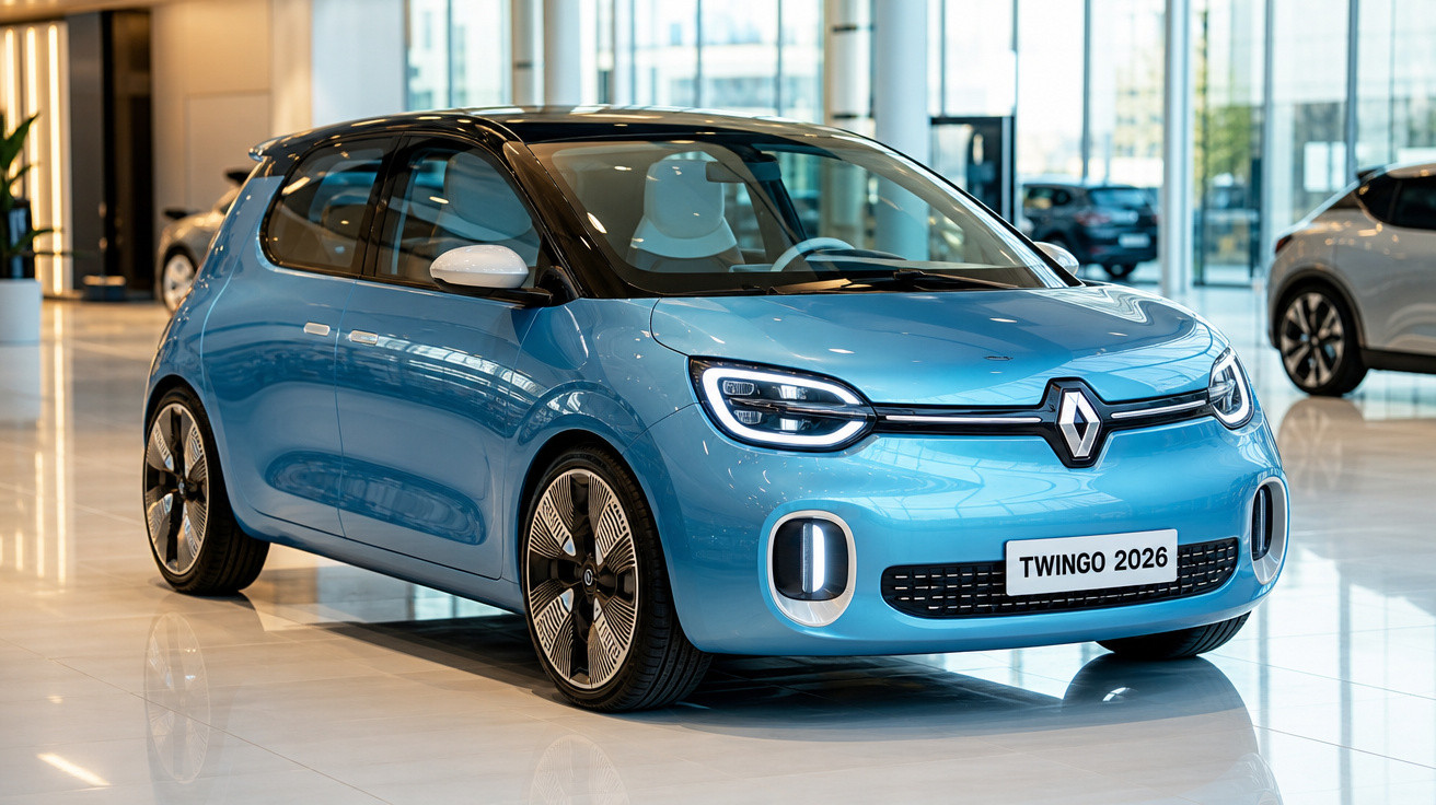 Carro Renault Twingo 2026 azul exibido em showroom moderno com piso brilhante.
