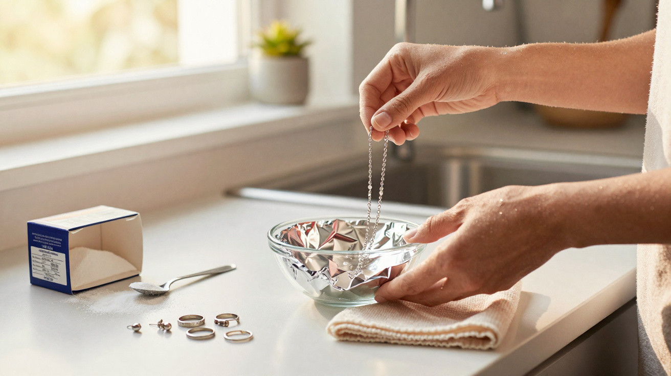Mãos mergulhando colar em solução de bicarbonato para limpar jóias de prata na cozinha.