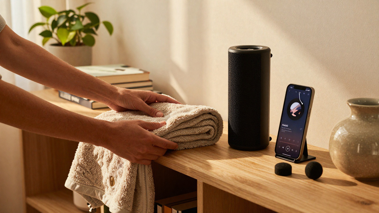 Mãos organizando toalha sobre móvel com alto-falante, celular e vaso decorativo em ambiente iluminado.