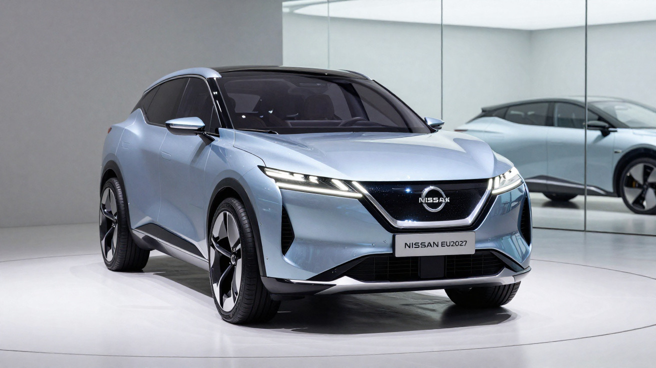 Carro elétrico Nissan azul modelo EU2027 exibido em ambiente moderno com espelhos ao fundo.
