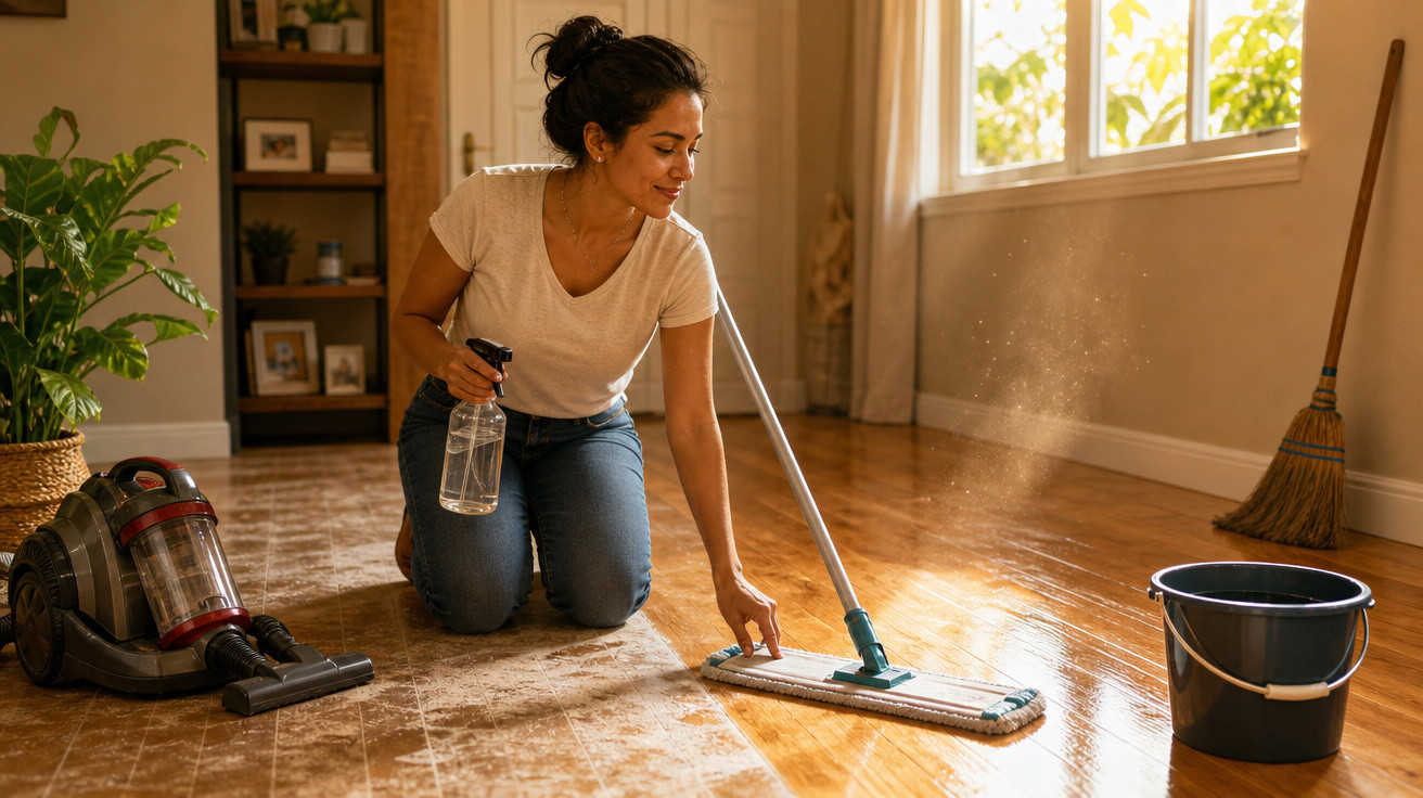 Mulher limpando o chão de madeira com mop e spray em sala iluminada próximo a aspirador e balde.