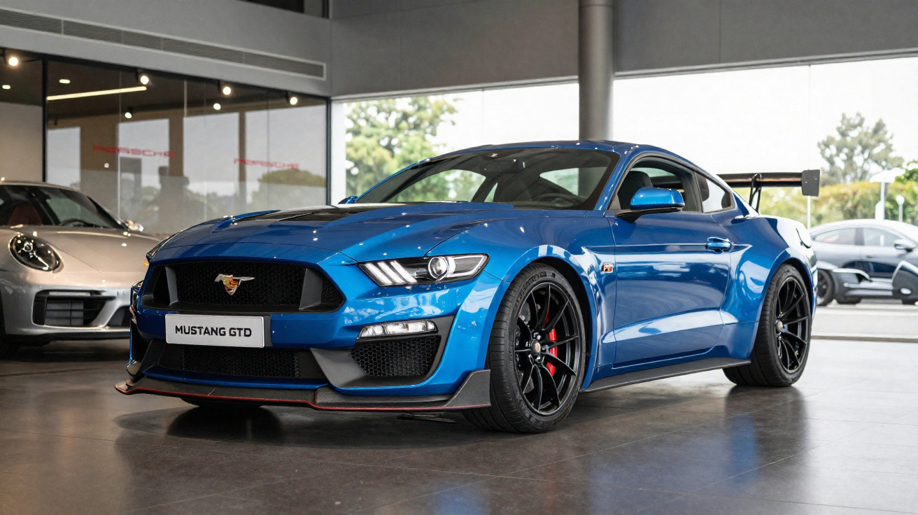 Carro esportivo Mustang GTD azul exibido em showroom com rodas pretas e aerofólio traseiro grande.