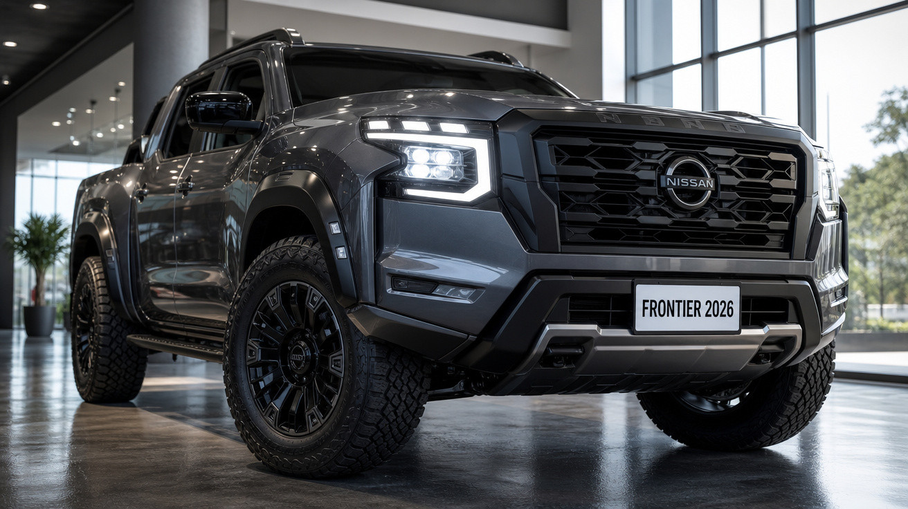Picape Nissan Frontier 2026 cinza escuro com faróis LED, rodas robustas, em showroom moderno.